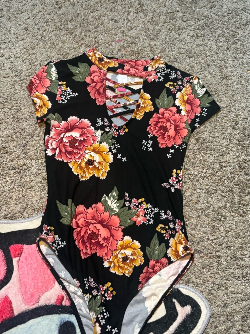 No Boundaries Black Floral Crisscross Neck Bodysuit